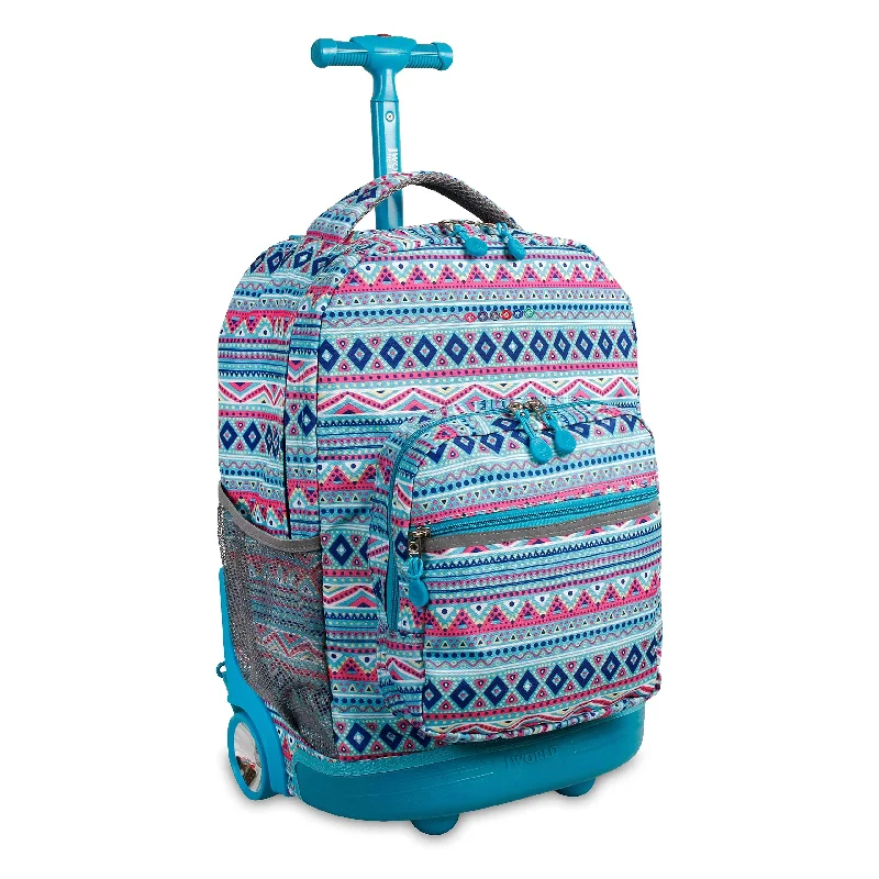Detachable Travel Bag Shoulder Straps in Beige with Cushioned PadsJ World New York Sunrise 18-inch Rolling Backpack - Mint Tribal Blue Designer Print Polyester Adjustable Strap Lined Water Resistant