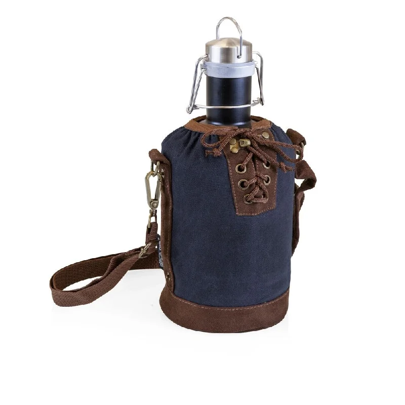 LEGACY® Insulated Navy & Brown Growler Tote with 64-oz. Matte Black Stainless Steel Growler