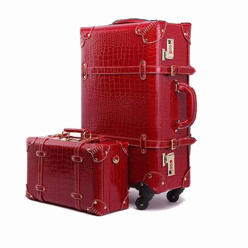 Women's Travel Makeup Bags with Mirror in Pink and BlackWomen Leather Spinner Suitcase With Cosmetic Case Set Crocodile Pattern Code Lock Zipper Retro Women's Travel Makeup Bags with Mirror in Pink and BlackWomen Leather Spinner Suitcase With Cosmetic Case Set Crocodile Pattern Code Lock Zipper Retro