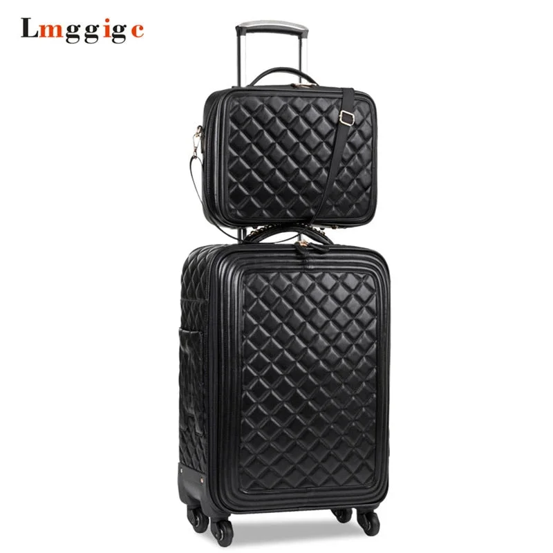 Women's Travel Makeup Bags with Mirror in Pink and BlackWomen Luggage Set,High Quality Pu Leather Suitcase Bag,Universal Wheels Carry-Ons,Grid Pattern Women's Travel Makeup Bags with Mirror in Pink and BlackWomen Luggage Set,High Quality Pu Leather Suitcase Bag,Universal Wheels Carry-Ons,Grid Pattern