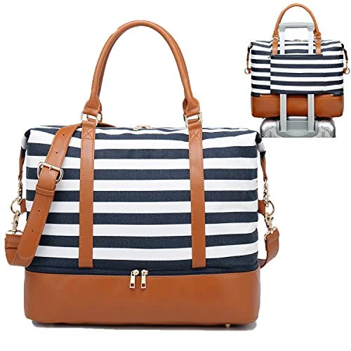 Compression Packing Cubes in Black and White for Saving Luggage SpaceWomens Travel Weekend Bag Canvas Overnight Carry on Shoulder Duffel Beach Tote Bag (Blue stripe with shoe compartment) Compression Packing Cubes in Black and White for Saving Luggage SpaceWomens Travel Weekend Bag Canvas Overnight Carry on Shoulder Duffel Beach Tote Bag (Blue stripe with shoe compartment)