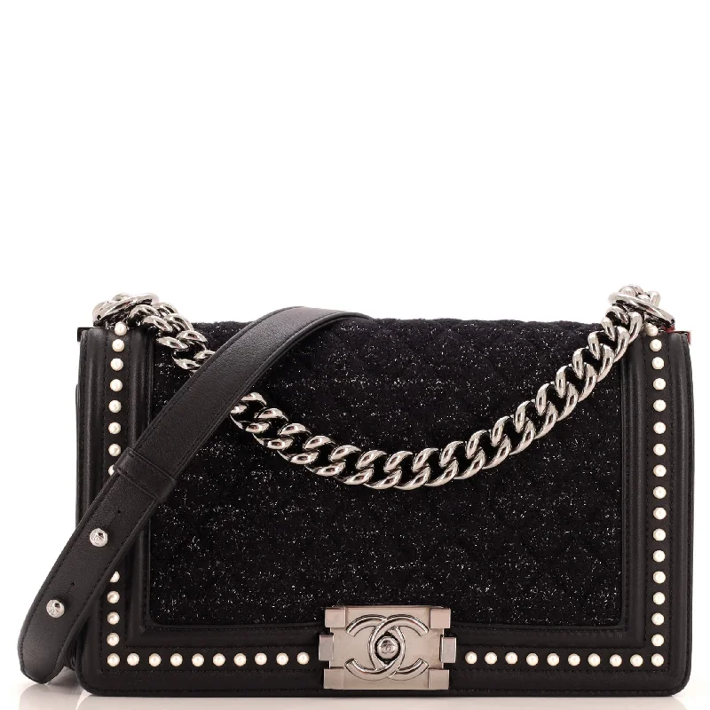 Leather Shoulder Bag with Magnetic Closure in Black for Quick AccessBoy Flap Bag Quilted Tweed with Pearl Embellished Calfskin Old Medium Leather Shoulder Bag with Magnetic Closure in Black for Quick AccessBoy Flap Bag Quilted Tweed with Pearl Embellished Calfskin Old Medium
