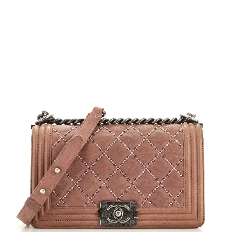 Metallic Shoulder Bag in Gold for Special OccasionsBoy Flap Bag Studded Quilted Distressed Calfskin Old Medium