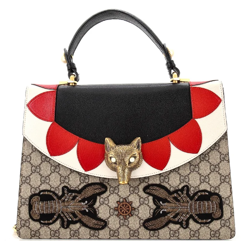 Women's Shoulder Bag with Floral Embroidery in Purple for Spring WalksBroche Top Handle Bag Embroidered GG Coated Canvas and Leather Medium Women's Shoulder Bag with Floral Embroidery in Purple for Spring WalksBroche Top Handle Bag Embroidered GG Coated Canvas and Leather Medium