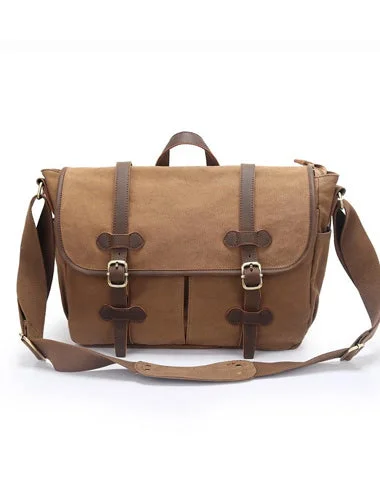 Canvas Leather Mens Womens 14" Side Bag Khaki Messenger Bag Shoulder Bag Handbag for Men