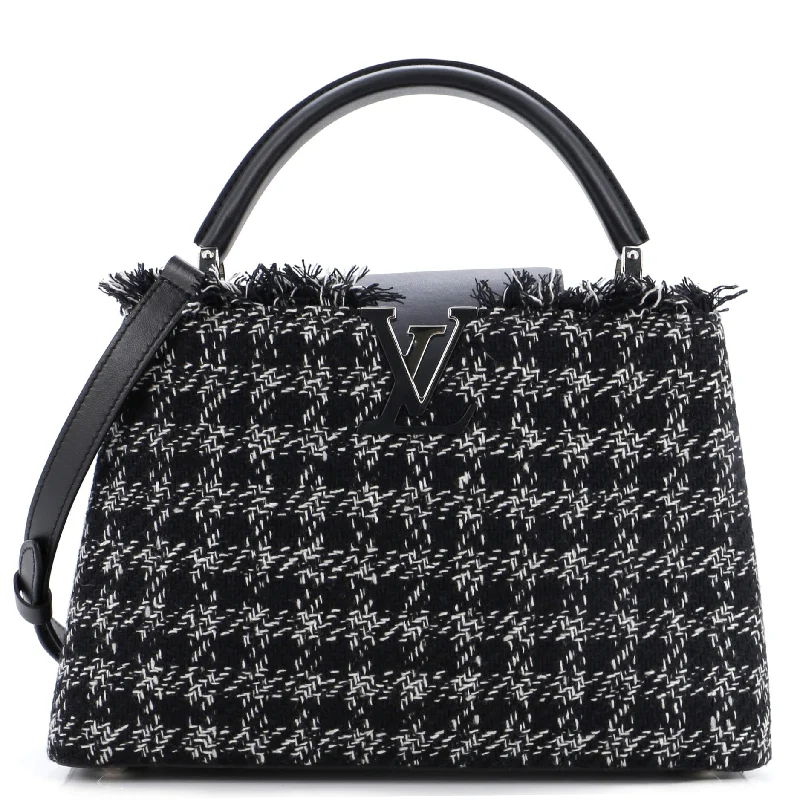 Women's Shoulder Bag with Faux Fur Strap in White for Winter StyleCapucines Bag Tweed PM Women's Shoulder Bag with Faux Fur Strap in White for Winter StyleCapucines Bag Tweed PM