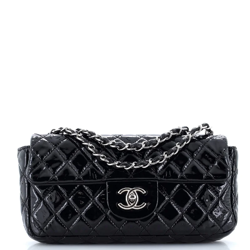 Leather Shoulder Bag with Magnetic Closure in Black for Quick AccessClassic Single Flap Bag Quilted Patent East West Leather Shoulder Bag with Magnetic Closure in Black for Quick AccessClassic Single Flap Bag Quilted Patent East West