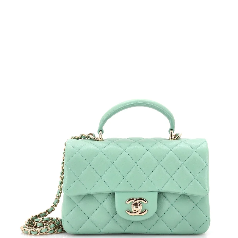 Embroidered Denim Shoulder Bag in Blue for a Vintage VibeClassic Single Flap Top Handle Bag Quilted Lambskin Mini