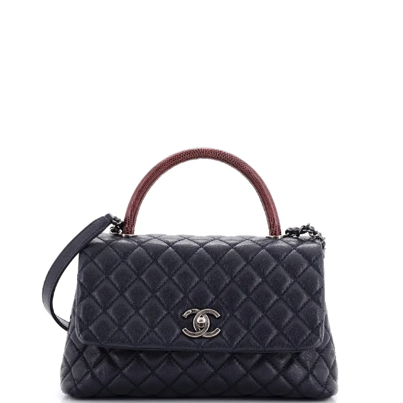 Metallic Shoulder Bag in Gold for Special OccasionsCoco Top Handle Bag Quilted Caviar with Lizard Small