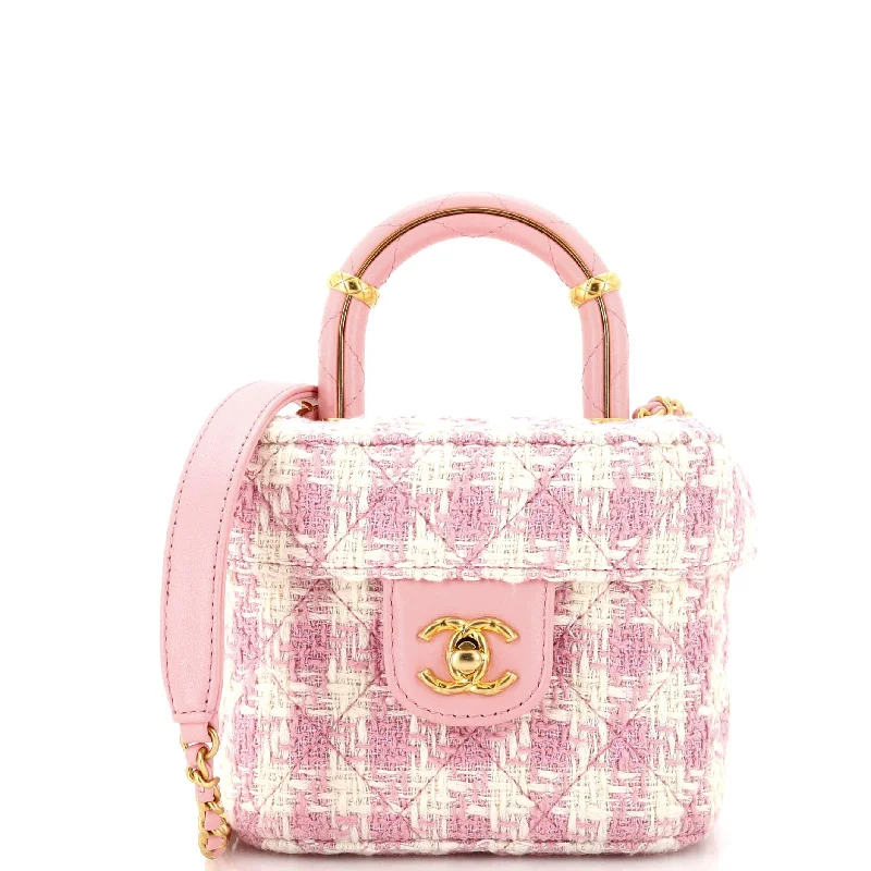 Women's Canvas Shoulder Bag in Navy with Striped Pattern for Beach TripsCrush Top Handle Flap Bag Quilted Tweed Mini
