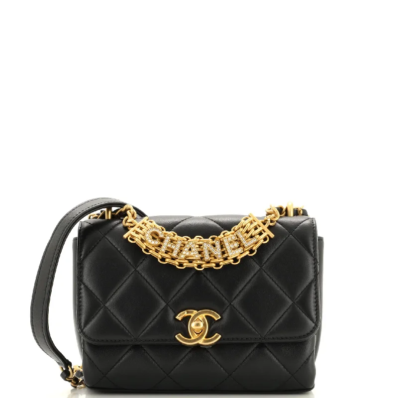Women's Shoulder Bag with Zippered Pockets in Orange for SafetyCrystal Logo Letters Chain Handle Flap Bag Quilted Lambskin Mini