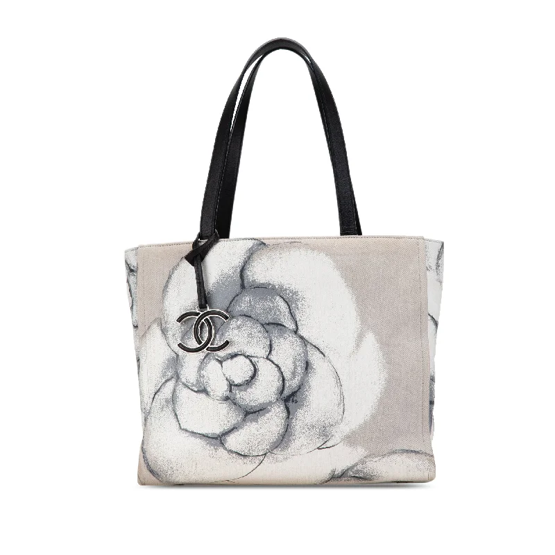 Women's Tote Bag with Inner Compartments in Gray for Organizing Everyday EssentialsGray Chanel Camellia Printed Canvas Shopper Tote Women's Tote Bag with Inner Compartments in Gray for Organizing Everyday EssentialsGray Chanel Camellia Printed Canvas Shopper Tote