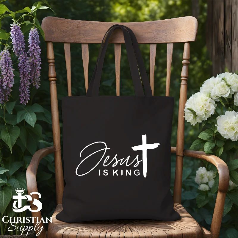 Medium - Sized Canvas Tote Bag in Navy Blue with Striped Pattern for a Nautical - Inspired LookJesus Is King Cross Tote Bag Medium - Sized Canvas Tote Bag in Navy Blue with Striped Pattern for a Nautical - Inspired LookJesus Is King Cross Tote Bag
