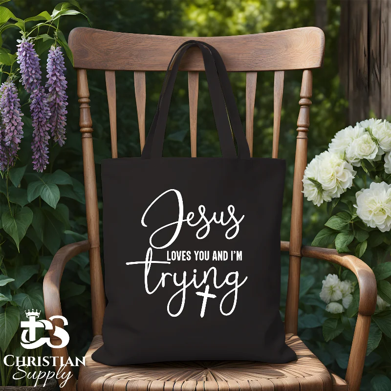 Women's Tote Bag with Zipper Closure in Red for Secure StorageJesus Loves You and I'm Trying Tote Bag Women's Tote Bag with Zipper Closure in Red for Secure StorageJesus Loves You and I'm Trying Tote Bag