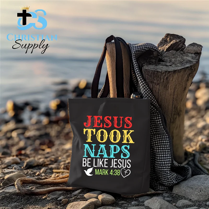 Medium - Sized Canvas Tote Bag in Navy Blue with Striped Pattern for a Nautical - Inspired LookJesus Took Naps Be Like Jesus 2 Tote Bag Medium - Sized Canvas Tote Bag in Navy Blue with Striped Pattern for a Nautical - Inspired LookJesus Took Naps Be Like Jesus 2 Tote Bag