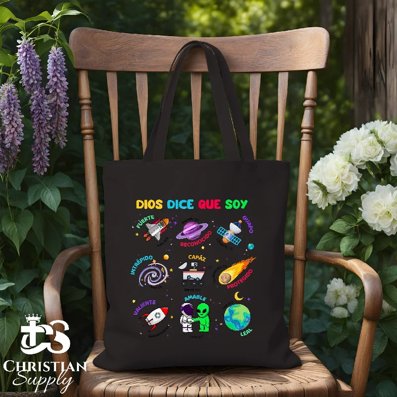 Waterproof Tote Bag in Yellow for Outdoor Activities in Wet WeatherKids Dios Dice Que Soy Space Spanish Tote Bag