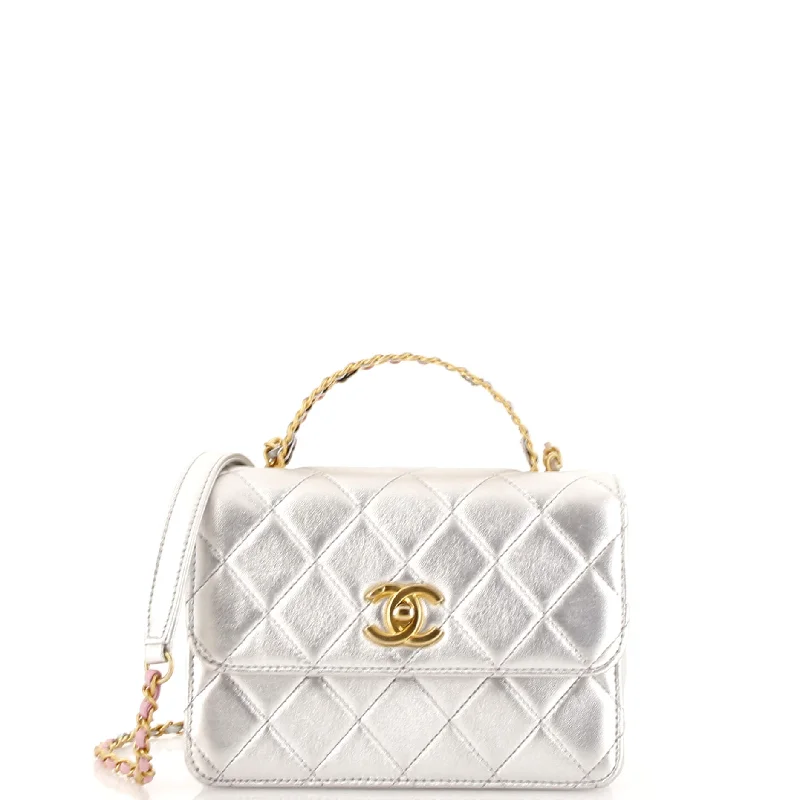 Vegan Leather Shoulder Bag in Gray for Ethical Fashion LoversLogo Links Top Handle Flap Bag Quilted Calfskin Mini Vegan Leather Shoulder Bag in Gray for Ethical Fashion LoversLogo Links Top Handle Flap Bag Quilted Calfskin Mini