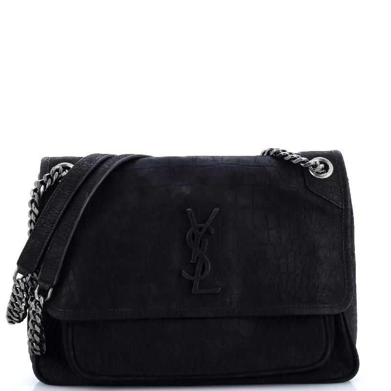Embroidered Denim Shoulder Bag in Blue for a Vintage VibeNiki Chain Flap Bag Crocodile Embossed Nubuck Medium Embroidered Denim Shoulder Bag in Blue for a Vintage VibeNiki Chain Flap Bag Crocodile Embossed Nubuck Medium
