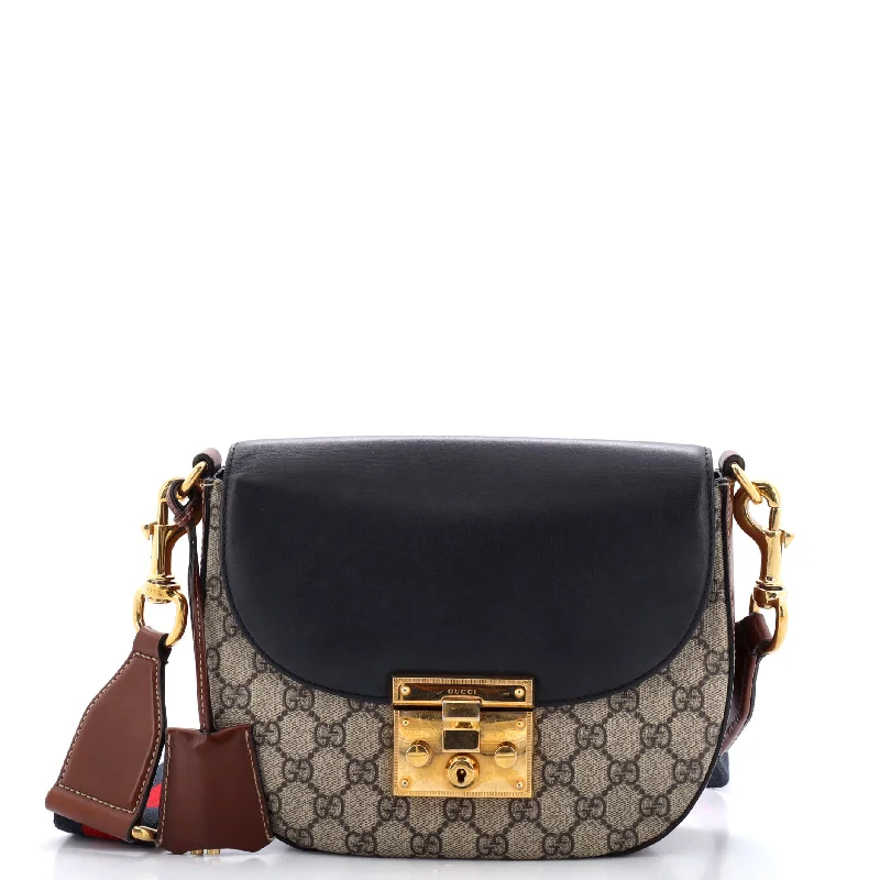 Women's Shoulder Bag with Faux Fur Strap in White for Winter StylePadlock Saddle Shoulder Bag GG Coated Canvas and Leather Medium Women's Shoulder Bag with Faux Fur Strap in White for Winter StylePadlock Saddle Shoulder Bag GG Coated Canvas and Leather Medium