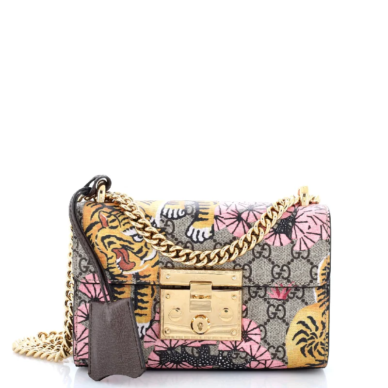 Women's Shoulder Bag with Floral Embroidery in Purple for Spring WalksPadlock Shoulder Bag Bengal Print GG Coated Canvas Small Women's Shoulder Bag with Floral Embroidery in Purple for Spring WalksPadlock Shoulder Bag Bengal Print GG Coated Canvas Small