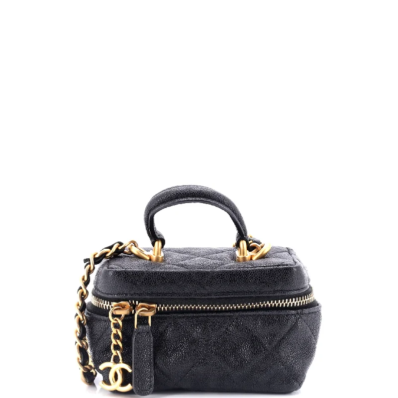 Embroidered Denim Shoulder Bag in Blue for a Vintage VibeVegan Leather Shoulder Bag in Gray for Ethical Fashion LoversTop Handle Zip Around Vanity Case with Chain Quilted Caviar Mini
