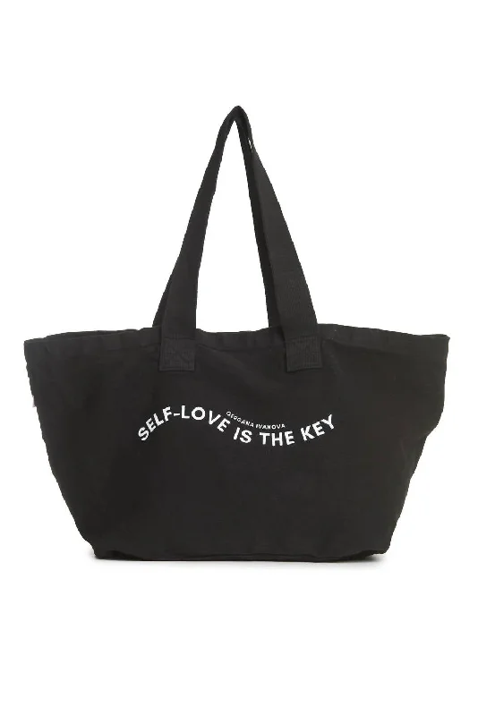 Women's Printed Tote Bag in Floral Patterns for a Spring - Themed Shopping TripWomen's Self-Love Tote Bag In Black