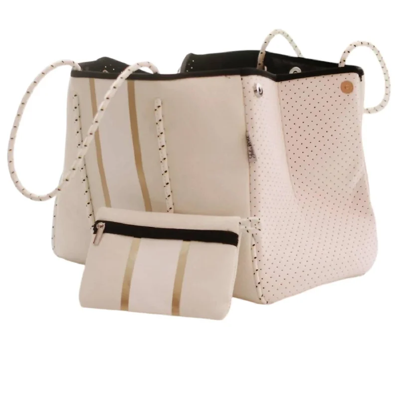 Women's Tote Bag with Detachable Pouch in Purple for Added ConvenienceWomen's South Beach Neoprene Bag In Gold Stripe White