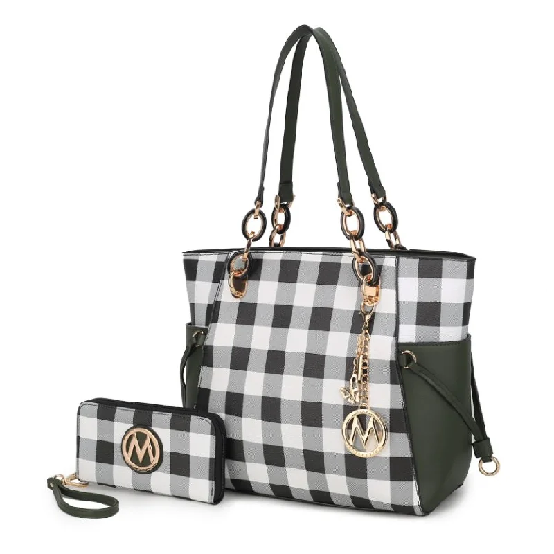 Women's Tote Bag with Inner Compartments in Gray for Organizing Everyday EssentialsYale Checkered Tote Handbag with Wallet Women's Tote Bag with Inner Compartments in Gray for Organizing Everyday EssentialsYale Checkered Tote Handbag with Wallet