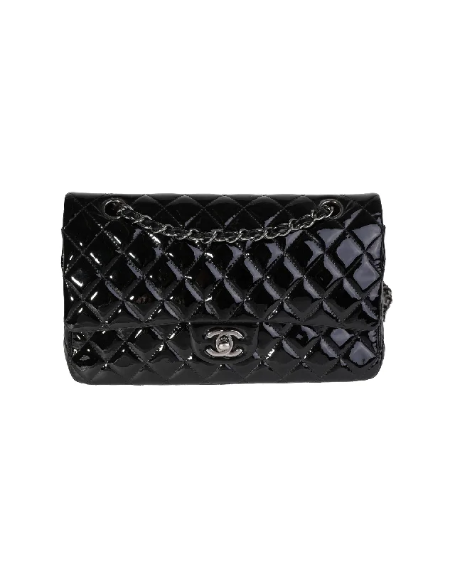 Women's Small Leather Crossbody Bag in Black with Gold Hardware for Evening PartiesChanel Black Quilted Patent Leather Medium Classic Double Flap Bag Women's Small Leather Crossbody Bag in Black with Gold Hardware for Evening PartiesChanel Black Quilted Patent Leather Medium Classic Double Flap Bag
