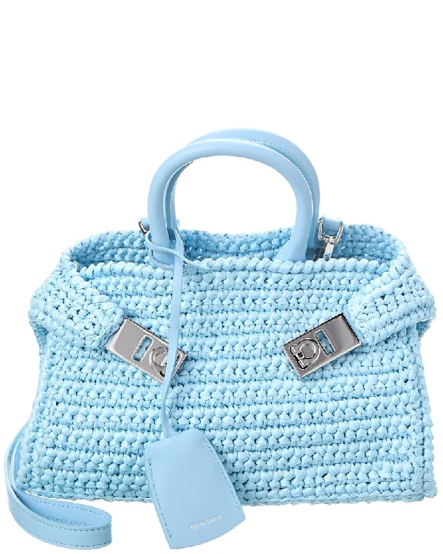 Straw Crossbody Bag in Natural Color for Beach Vacations and Summer DaysFerragamo Hug Mini Leather-Trim Crossbody Straw Crossbody Bag in Natural Color for Beach Vacations and Summer DaysFerragamo Hug Mini Leather-Trim Crossbody