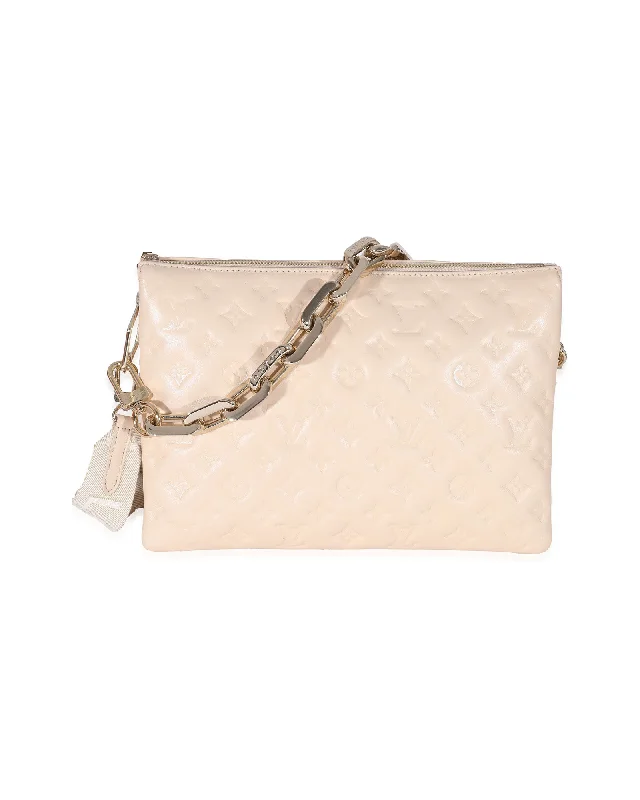 Embroidered Silk Crossbody Bag in Purple for Formal Events and WeddingsLouis Vuitton Cream Monogram Puffy Lambskin Coussin MM Embroidered Silk Crossbody Bag in Purple for Formal Events and WeddingsLouis Vuitton Cream Monogram Puffy Lambskin Coussin MM