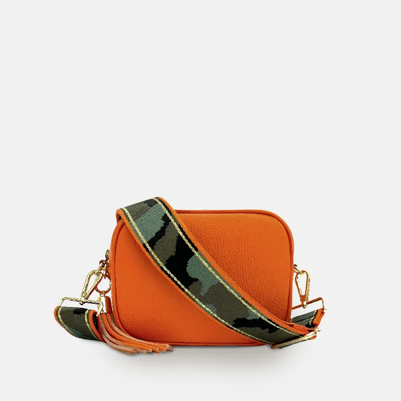 Women's Crossbody Bag with Multiple Compartments in Gray for Organized Daily UseOrange Leather Crossbody Bag With Orange & Gold Stripe Camo Strap Women's Crossbody Bag with Multiple Compartments in Gray for Organized Daily UseOrange Leather Crossbody Bag With Orange & Gold Stripe Camo Strap