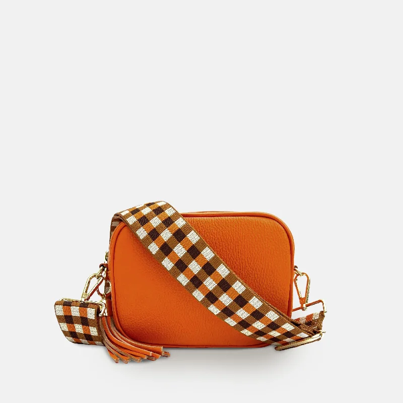 Leather - Trimmed Denim Crossbody Bag in Blue for a Vintage - Inspired LookOrange Leather Crossbody Bag With Orange & Tan Checks Strap Leather - Trimmed Denim Crossbody Bag in Blue for a Vintage - Inspired LookOrange Leather Crossbody Bag With Orange & Tan Checks Strap