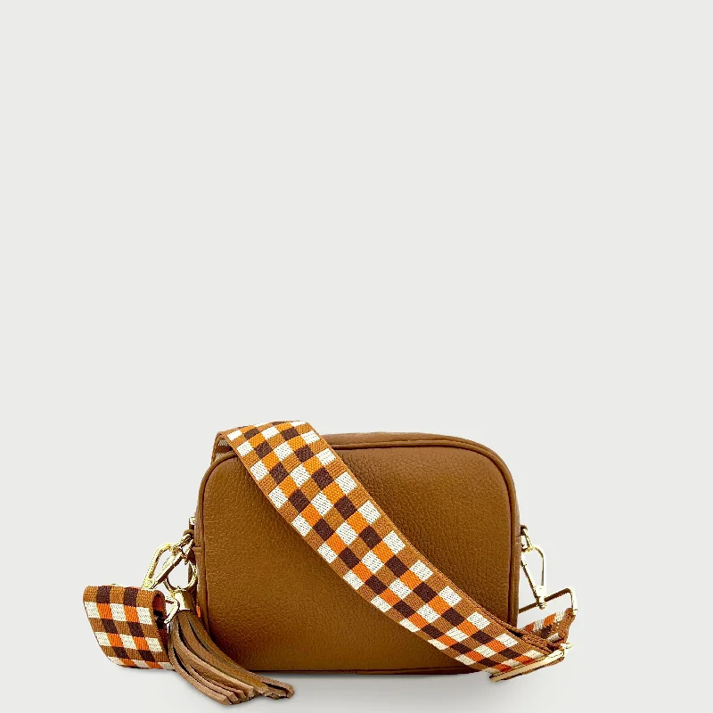 Medium - sized Canvas Crossbody Bag in Beige with Floral Print for Spring OutingsTan Leather Crossbody Bag With Orange & Tan Check Strap Medium - sized Canvas Crossbody Bag in Beige with Floral Print for Spring OutingsTan Leather Crossbody Bag With Orange & Tan Check Strap