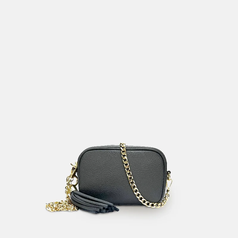 Women's Small Leather Crossbody Bag in Black with Gold Hardware for Evening PartiesThe Mini Tassel Dark Grey Leather Phone Bag With Gold Chain Crossbody Strap Women's Small Leather Crossbody Bag in Black with Gold Hardware for Evening PartiesThe Mini Tassel Dark Grey Leather Phone Bag With Gold Chain Crossbody Strap