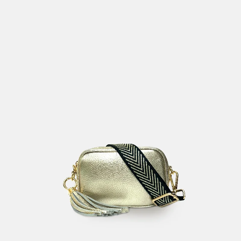 Women's Crossbody Bag with Magnetic Closure in White for Quick AccessThe Mini Tassel Gold Leather Phone Bag With Black & Gold Chevron Strap Women's Crossbody Bag with Magnetic Closure in White for Quick AccessThe Mini Tassel Gold Leather Phone Bag With Black & Gold Chevron Strap