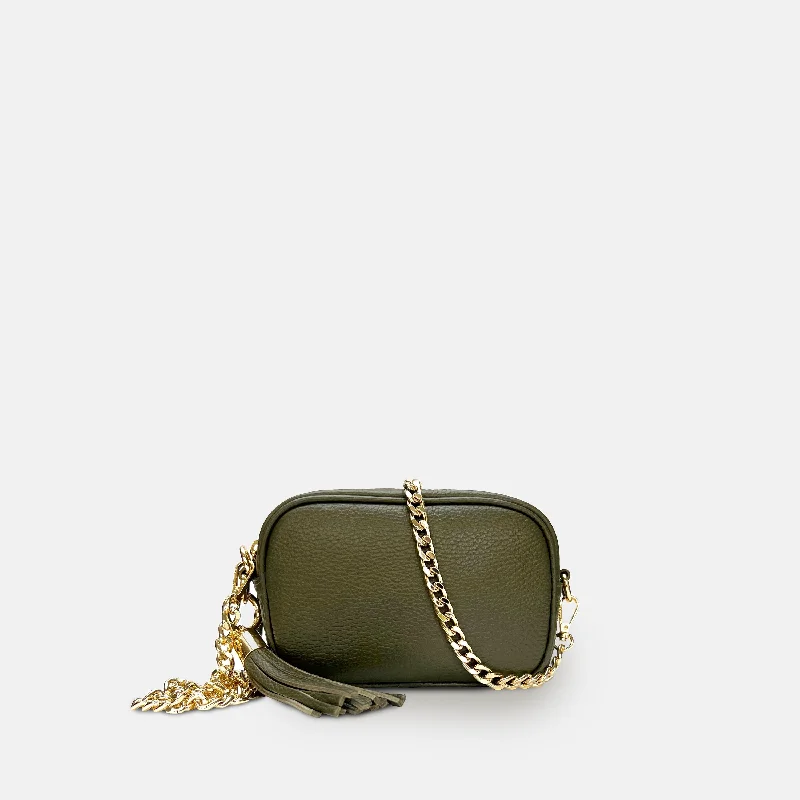 Straw Crossbody Bag in Natural Color for Beach Vacations and Summer DaysThe Mini Tassel Olive Green Leather Phone Bag With Gold Chain Crossbody Strap Straw Crossbody Bag in Natural Color for Beach Vacations and Summer DaysThe Mini Tassel Olive Green Leather Phone Bag With Gold Chain Crossbody Strap