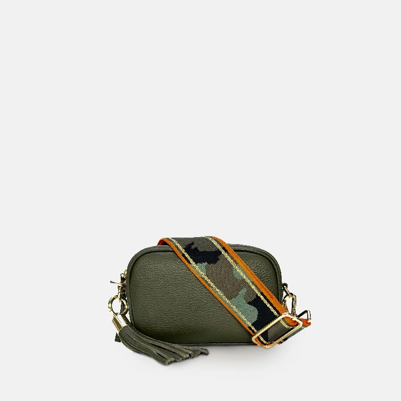 Women's Crossbody Bag with Zippered Pocket on the Back in Red for SecurityThe Mini Tassel Olive Green Leather Phone Bag With Orange & Gold Stripe Camo Strap