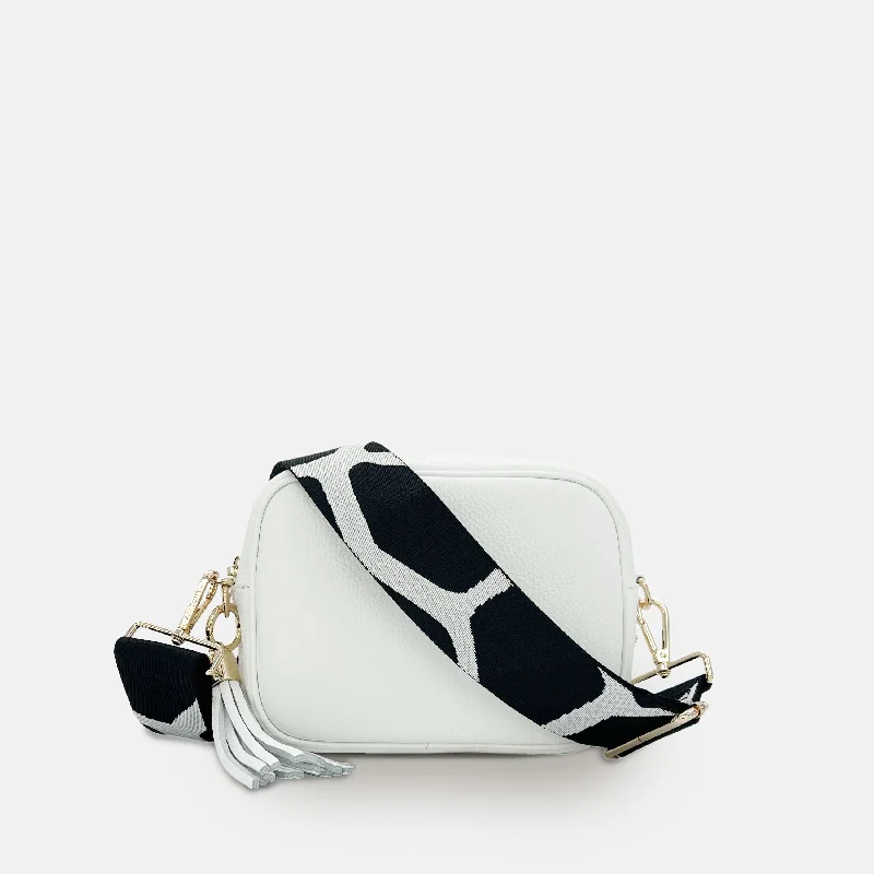 Women's Crossbody Bag with Magnetic Closure in White for Quick AccessWhite Leather Crossbody Bag With Black & White Giraffe Strap Women's Crossbody Bag with Magnetic Closure in White for Quick AccessWhite Leather Crossbody Bag With Black & White Giraffe Strap